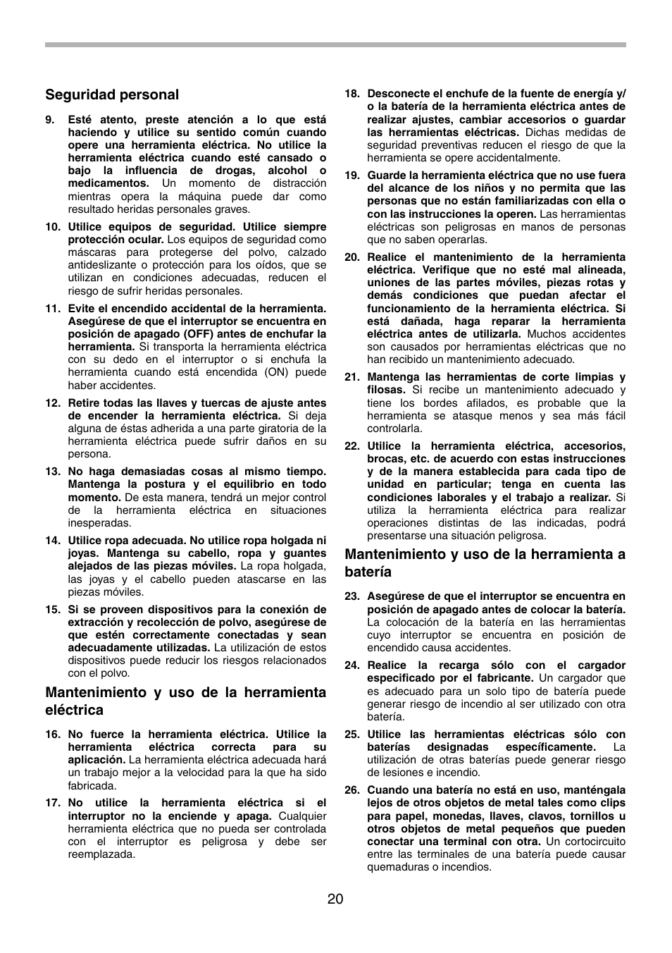 20 seguridad personal, Mantenimiento y uso de la herramienta eléctrica, Mantenimiento y uso de la herramienta a batería | Makita BDF451 User Manual | Page 20 / 28