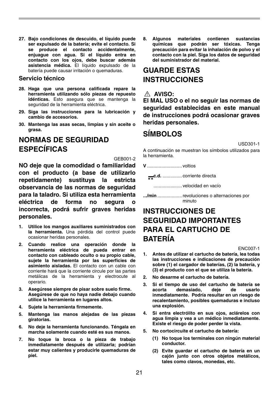 Normas de seguridad específicas, Guarde estas instrucciones, Símbolos | Servicio técnico | Makita BDF451 User Manual | Page 21 / 28