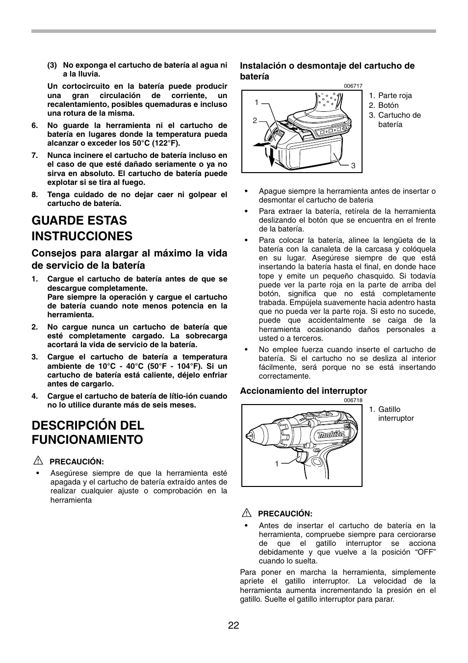 Guarde estas instrucciones, Descripción del funcionamiento | Makita BDF451 User Manual | Page 22 / 28