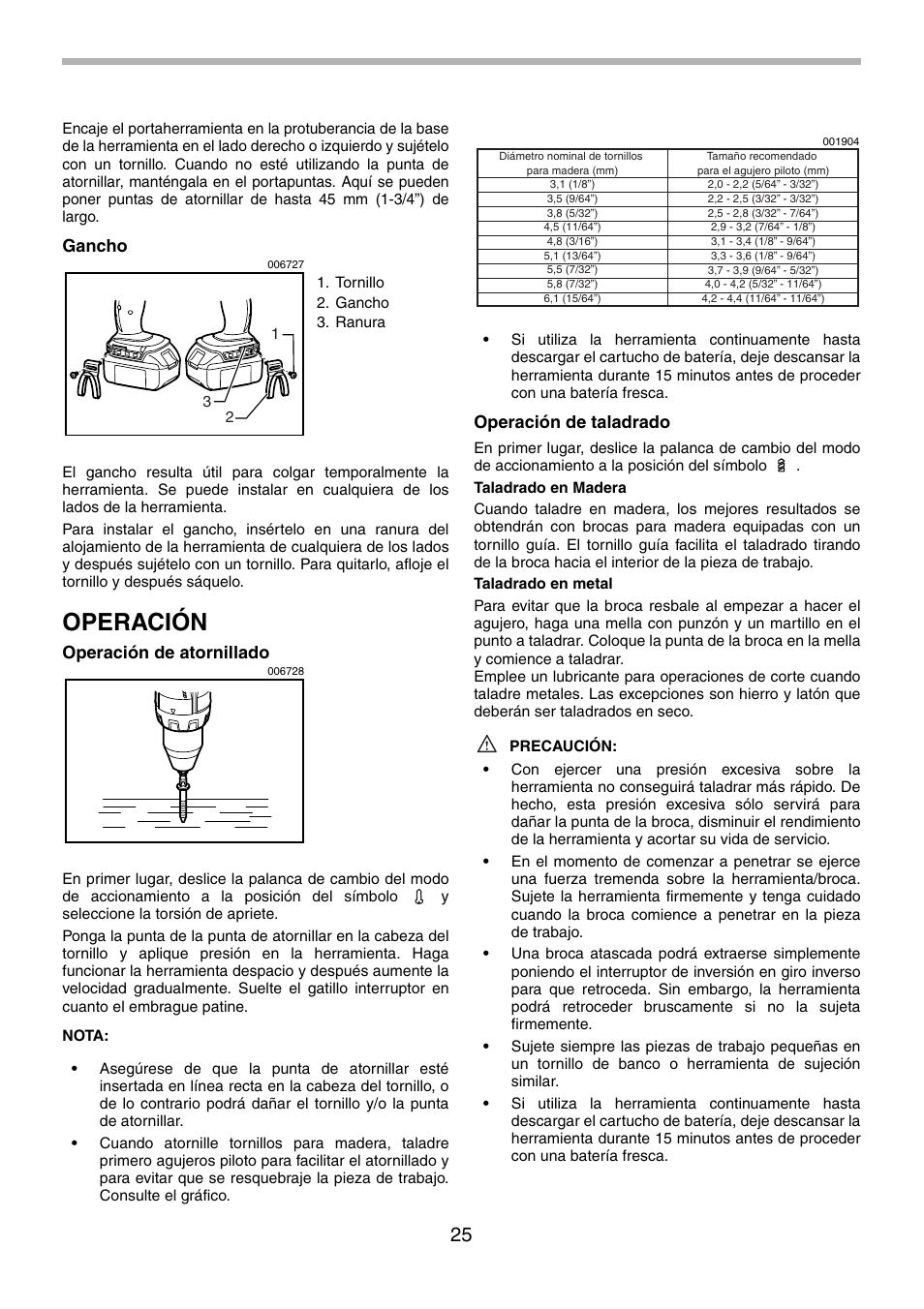 Operación, Gancho, Operación de atornillado | Operación de taladrado | Makita BDF451 User Manual | Page 25 / 28