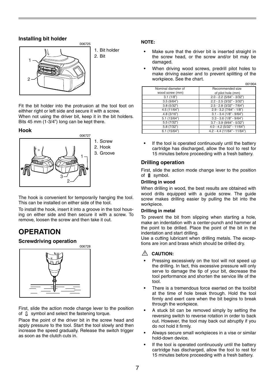 Operation, Installing bit holder, Hook | Screwdriving operation, Drilling operation | Makita BDF451 User Manual | Page 7 / 28