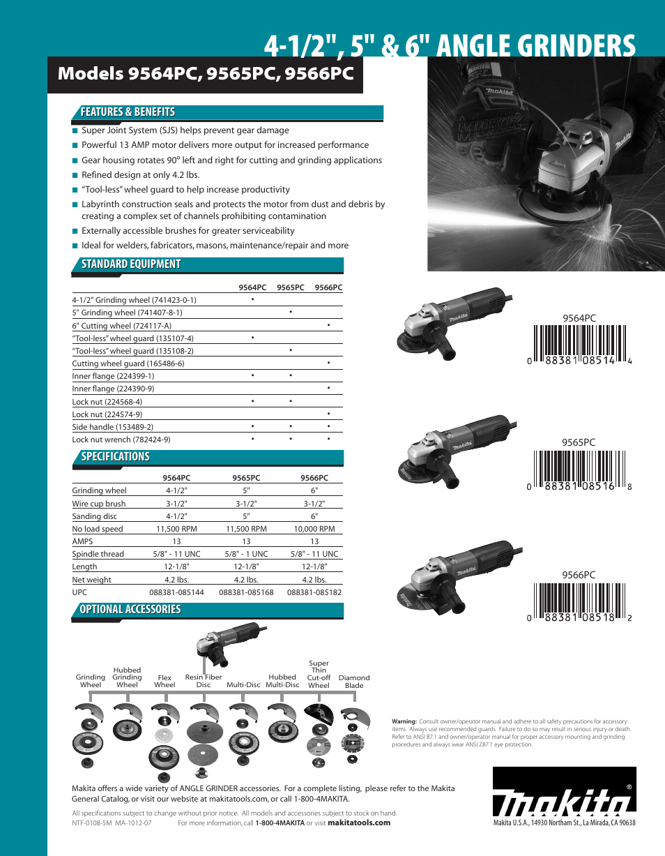 1/2", 5" & 6" angle grinders, Features & benefits, Specifications | Makita 9564PC User Manual | Page 2 / 2