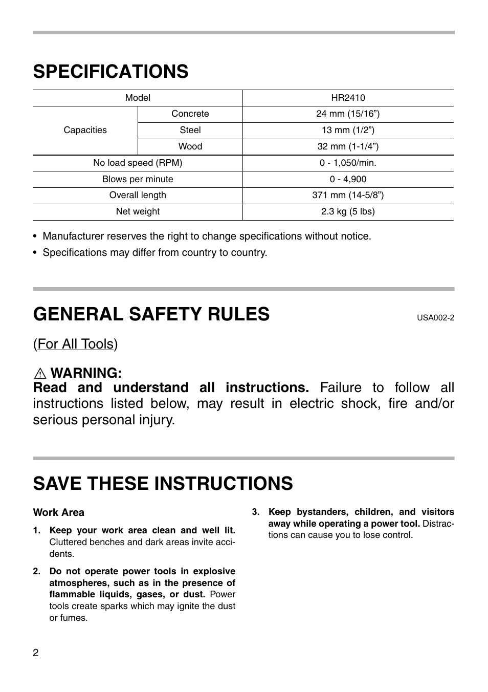 Specifications, General safety rules, Save these instructions | Makita HPR2410 User Manual | Page 2 / 16