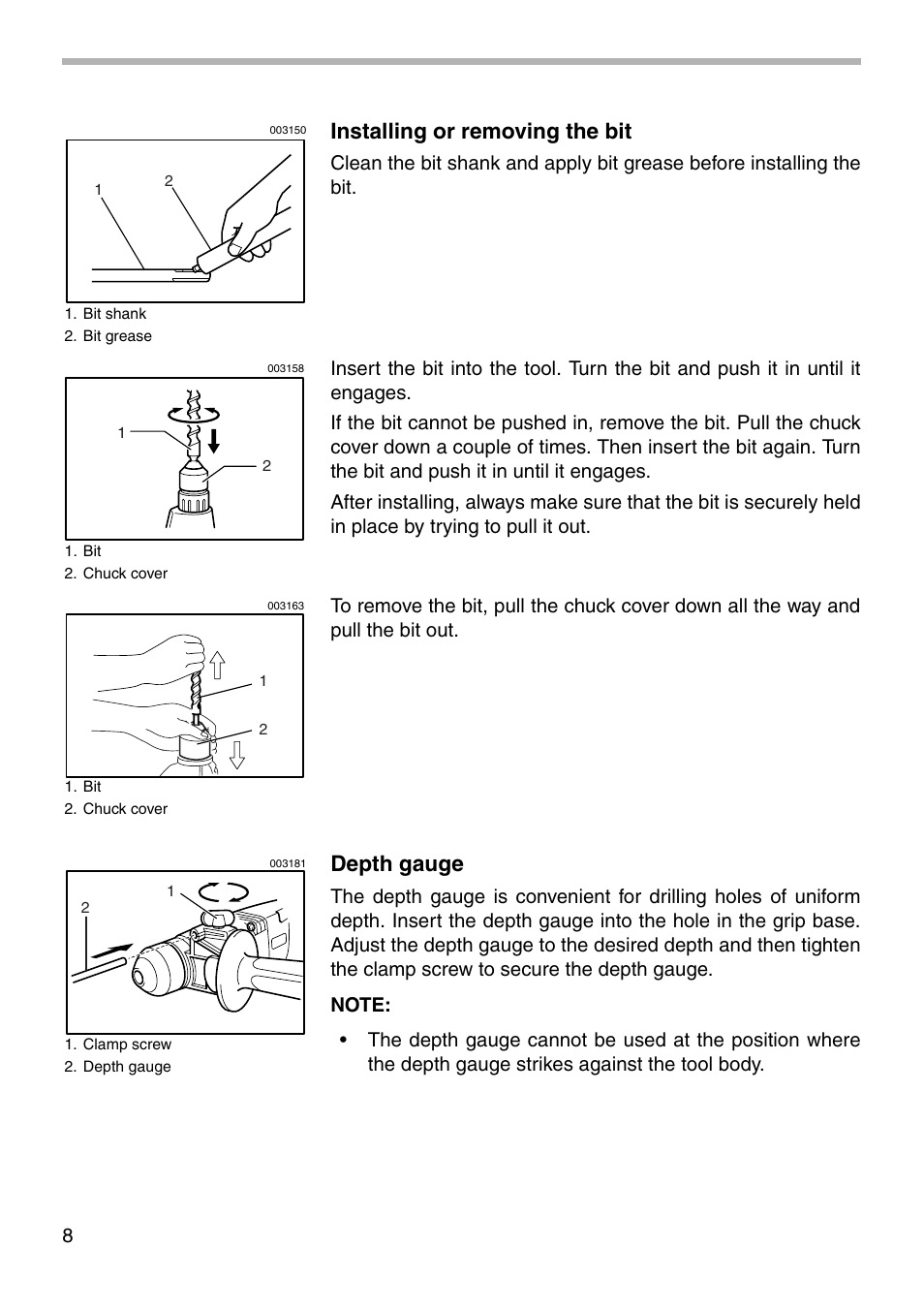 Installing or removing the bit, Depth gauge | Makita HPR2410 User Manual | Page 8 / 16