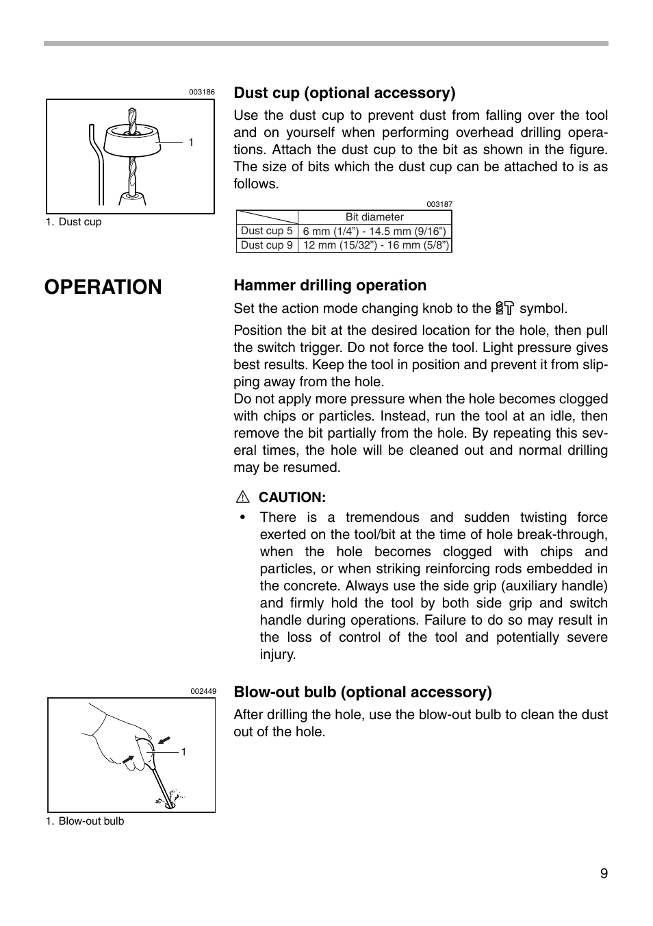 Operation, Dust cup (optional accessory), Hammer drilling operation | Blow-out bulb (optional accessory) | Makita HPR2410 User Manual | Page 9 / 16