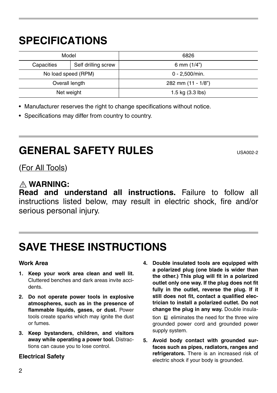 Specifications, General safety rules, Save these instructions | Makita 6826 User Manual | Page 2 / 16