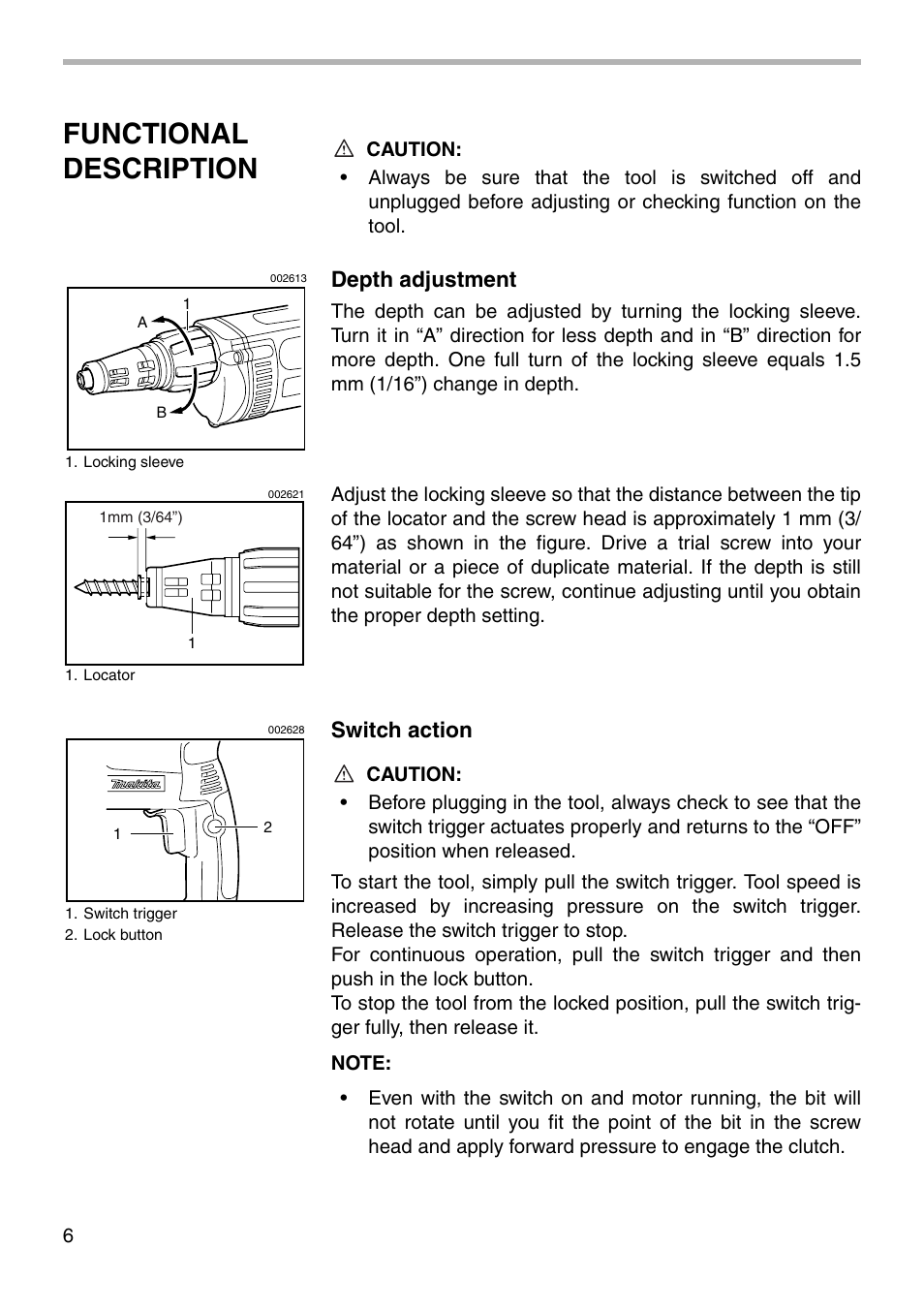 Functional description, Depth adjustment, Switch action | Makita 6826 User Manual | Page 6 / 16