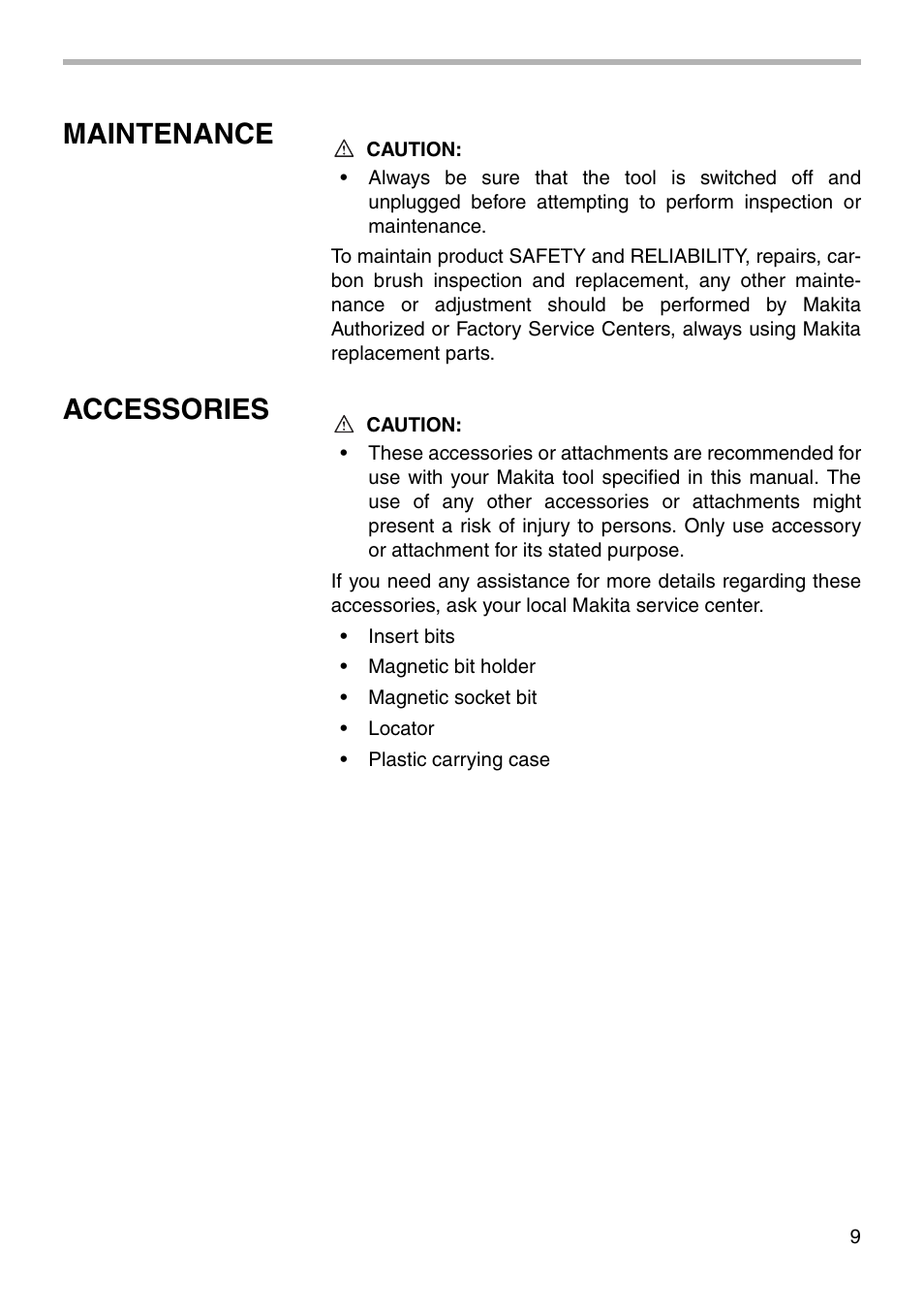 Maintenance, Accessories | Makita 6826 User Manual | Page 9 / 16