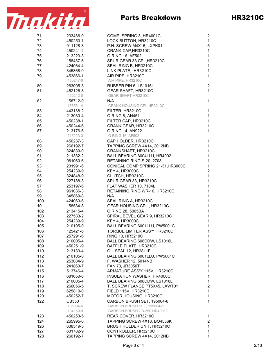 Parts breakdown hr3210c | Makita HR3210C User Manual | Page 3 / 4