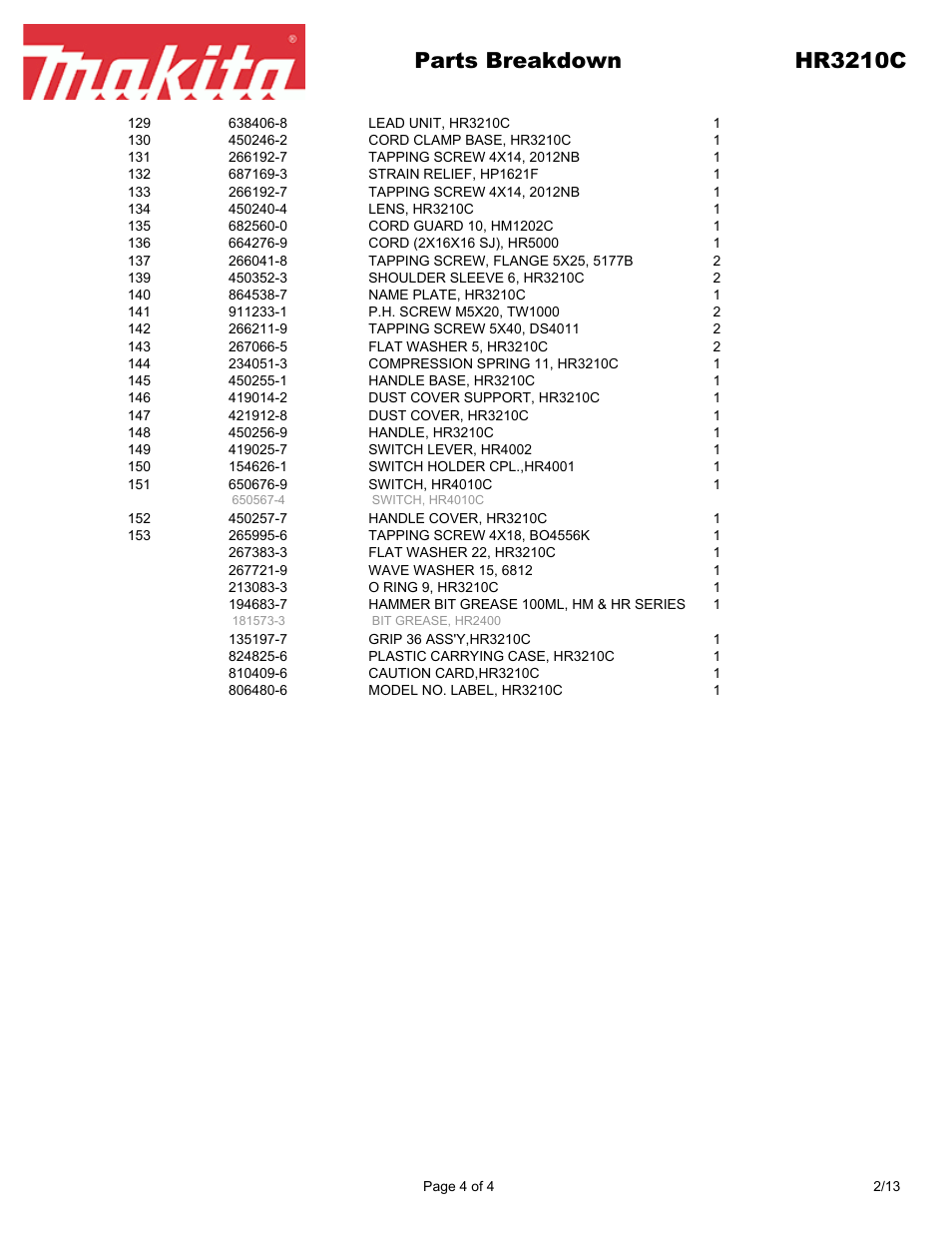 Parts breakdown hr3210c | Makita HR3210C User Manual | Page 4 / 4