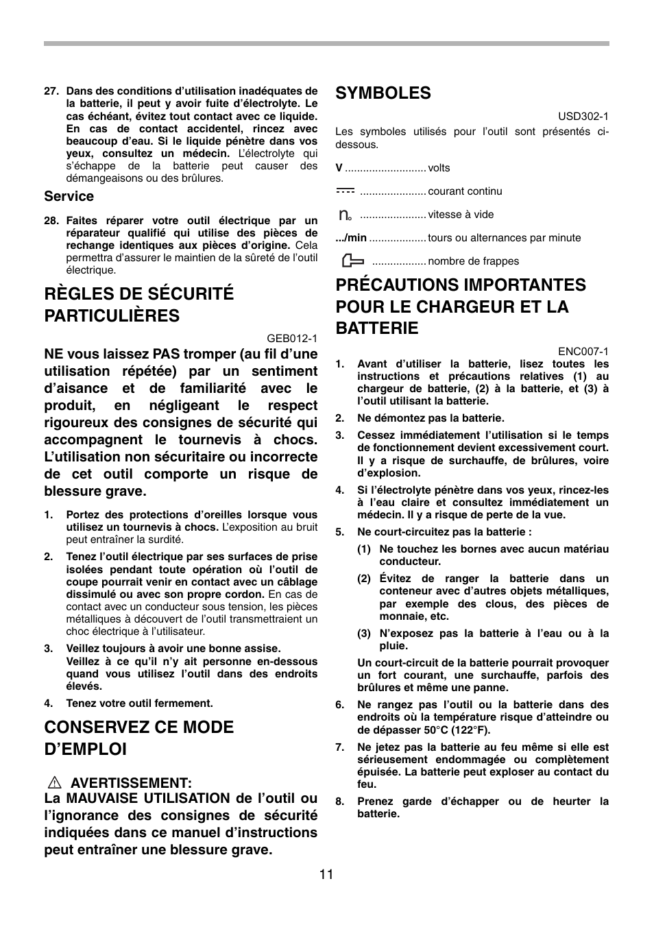Règles de sécurité particulières, Conservez ce mode d’emploi, Symboles | Service | Makita BTD130F User Manual | Page 11 / 28