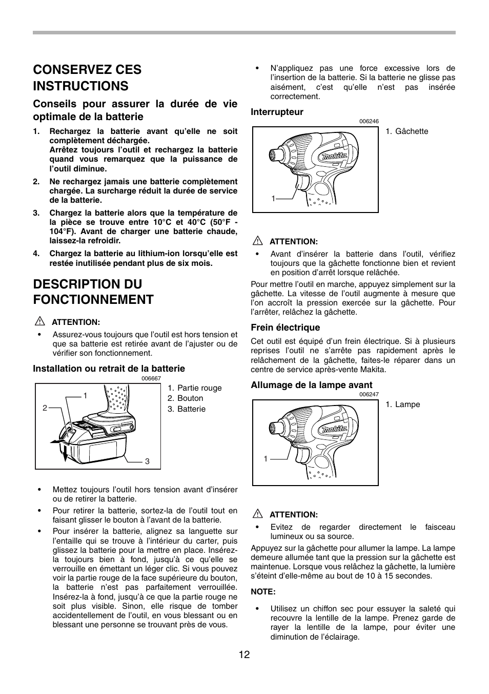 Conservez ces instructions, Description du fonctionnement | Makita BTD130F User Manual | Page 12 / 28