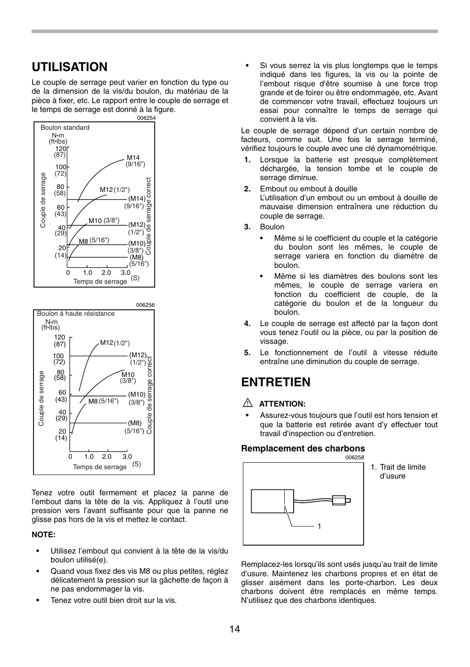 Utilisation, Entretien, Remplacement des charbons | Makita BTD130F User Manual | Page 14 / 28