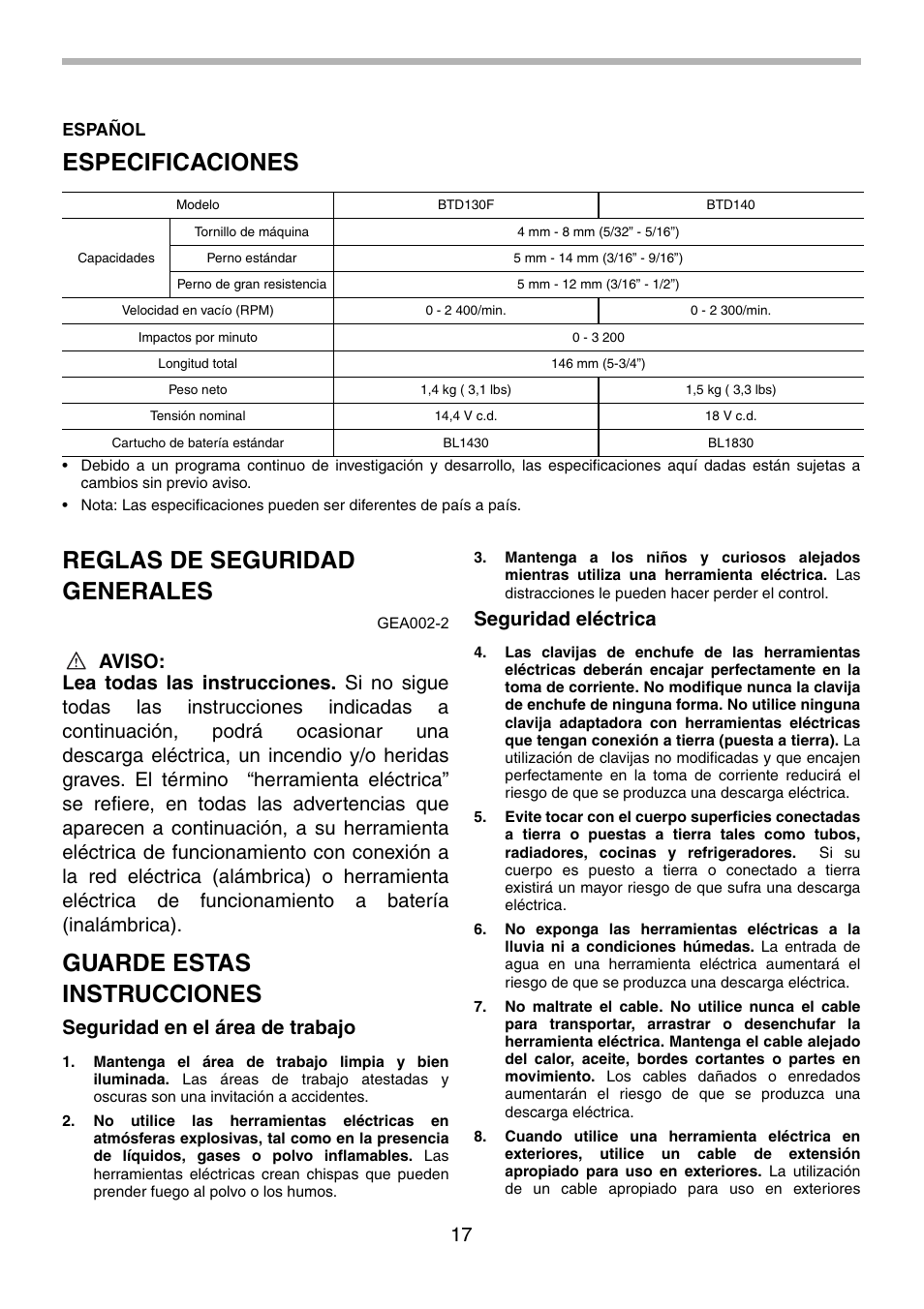 Especificaciones, Reglas de seguridad generales, Guarde estas instrucciones | Seguridad en el área de trabajo, Seguridad eléctrica | Makita BTD130F User Manual | Page 17 / 28