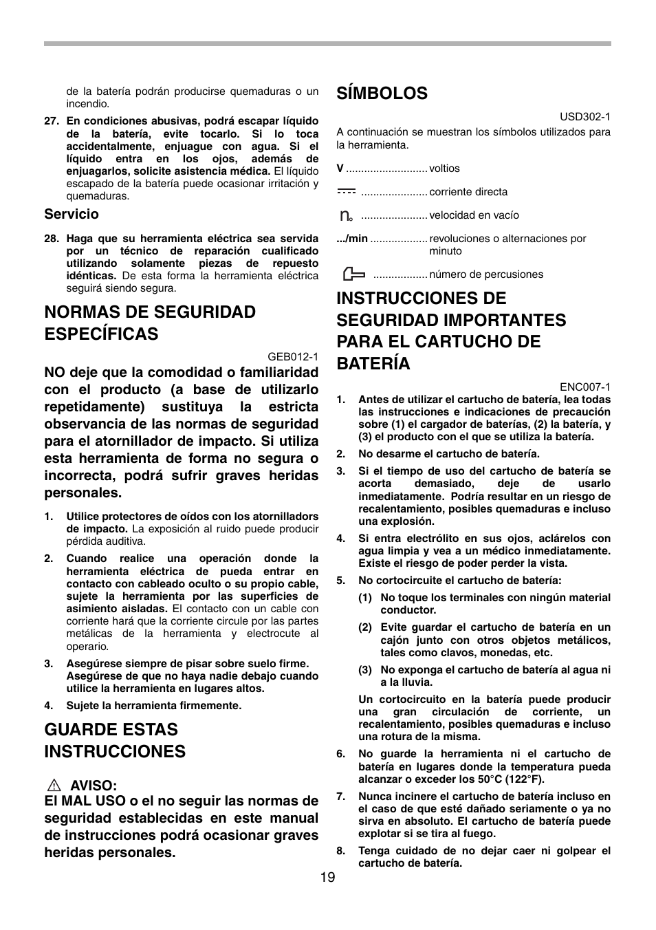 Normas de seguridad específicas, Guarde estas instrucciones, Símbolos | Servicio | Makita BTD130F User Manual | Page 19 / 28