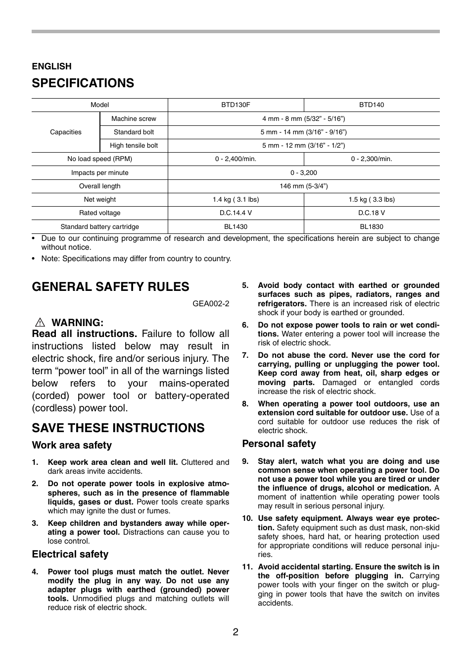 Specifications, General safety rules, Save these instructions | Work area safety, Electrical safety, Personal safety | Makita BTD130F User Manual | Page 2 / 28