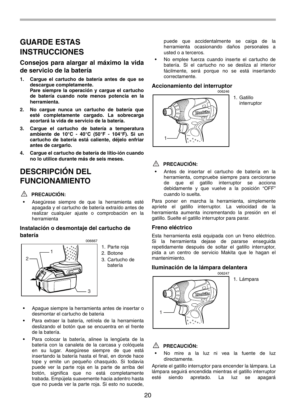 Guarde estas instrucciones, Descripción del funcionamiento | Makita BTD130F User Manual | Page 20 / 28