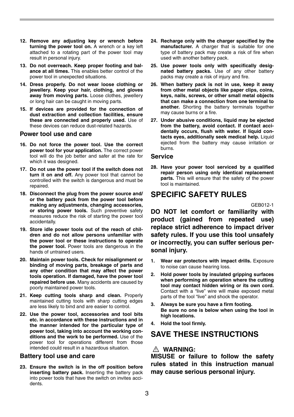 Specific safety rules, Save these instructions, Power tool use and care | Battery tool use and care, Service | Makita BTD130F User Manual | Page 3 / 28