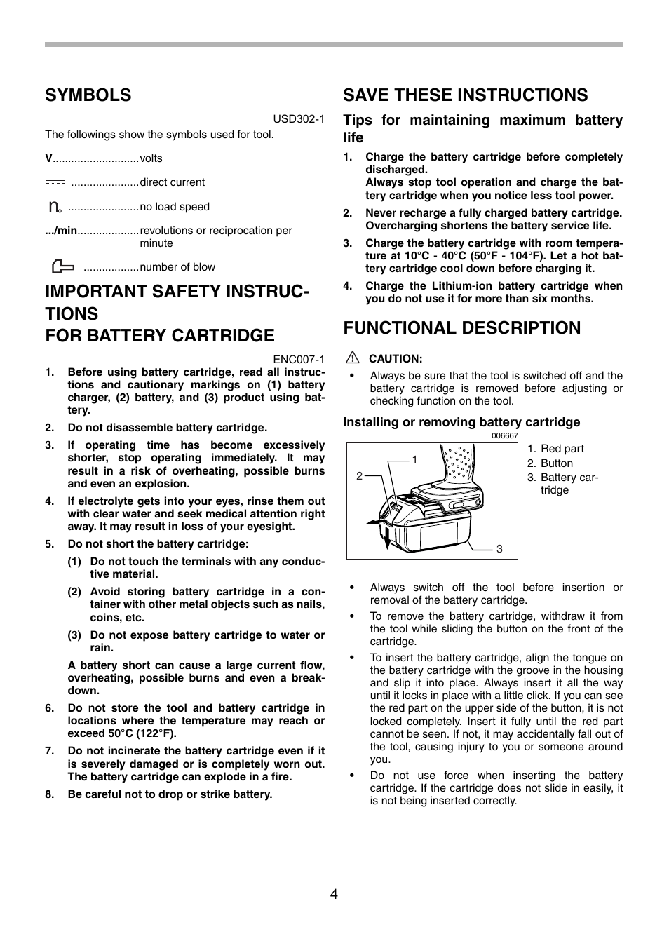 Symbols, Save these instructions, Functional description | Tips for maintaining maximum battery life | Makita BTD130F User Manual | Page 4 / 28