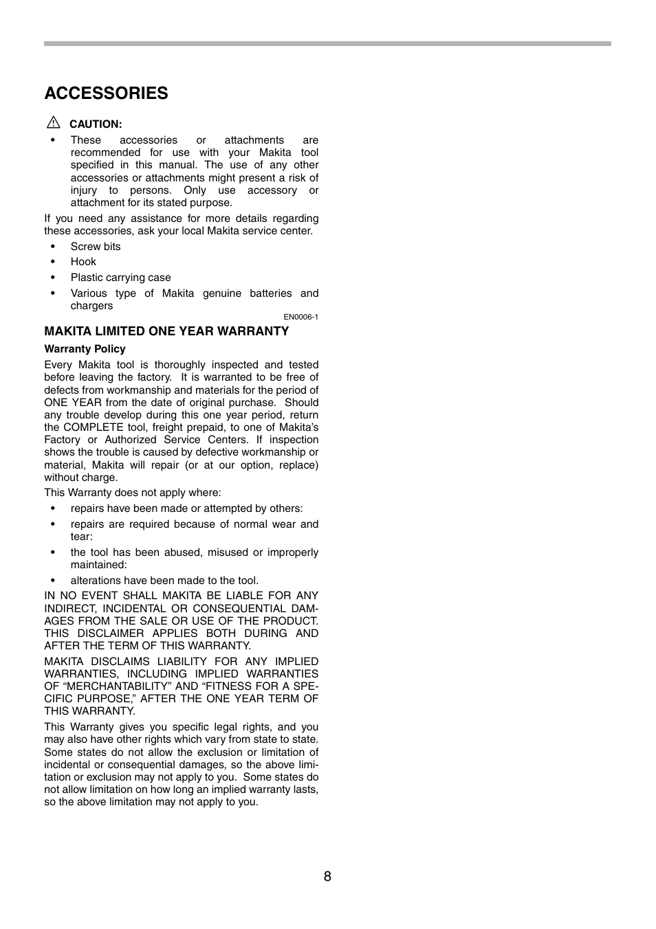 Accessories | Makita BTD130F User Manual | Page 8 / 28