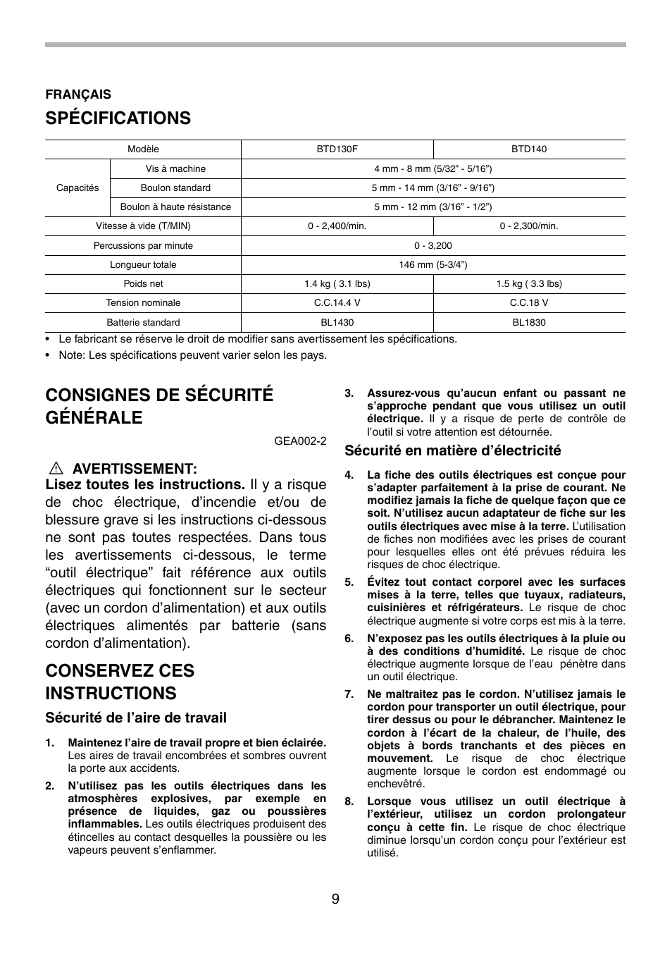 Spécifications, Consignes de sécurité générale, Conservez ces instructions | Sécurité de l’aire de travail, Sécurité en matière d’électricité | Makita BTD130F User Manual | Page 9 / 28