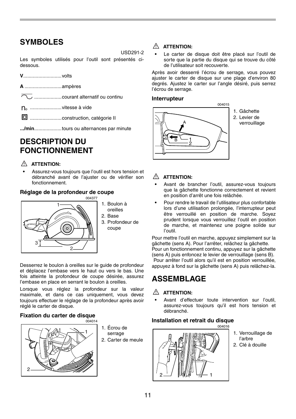 Symboles, Description du fonctionnement, Assemblage | Makita 4112H User Manual | Page 11 / 24