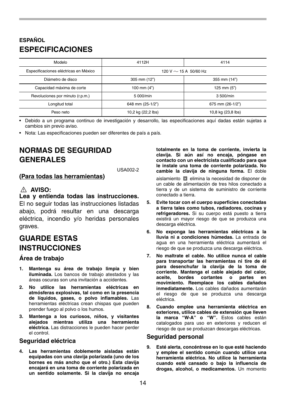 Especificaciones, Normas de seguridad generales, Guarde estas instrucciones | Área de trabajo, Seguridad eléctrica, Seguridad personal | Makita 4112H User Manual | Page 14 / 24