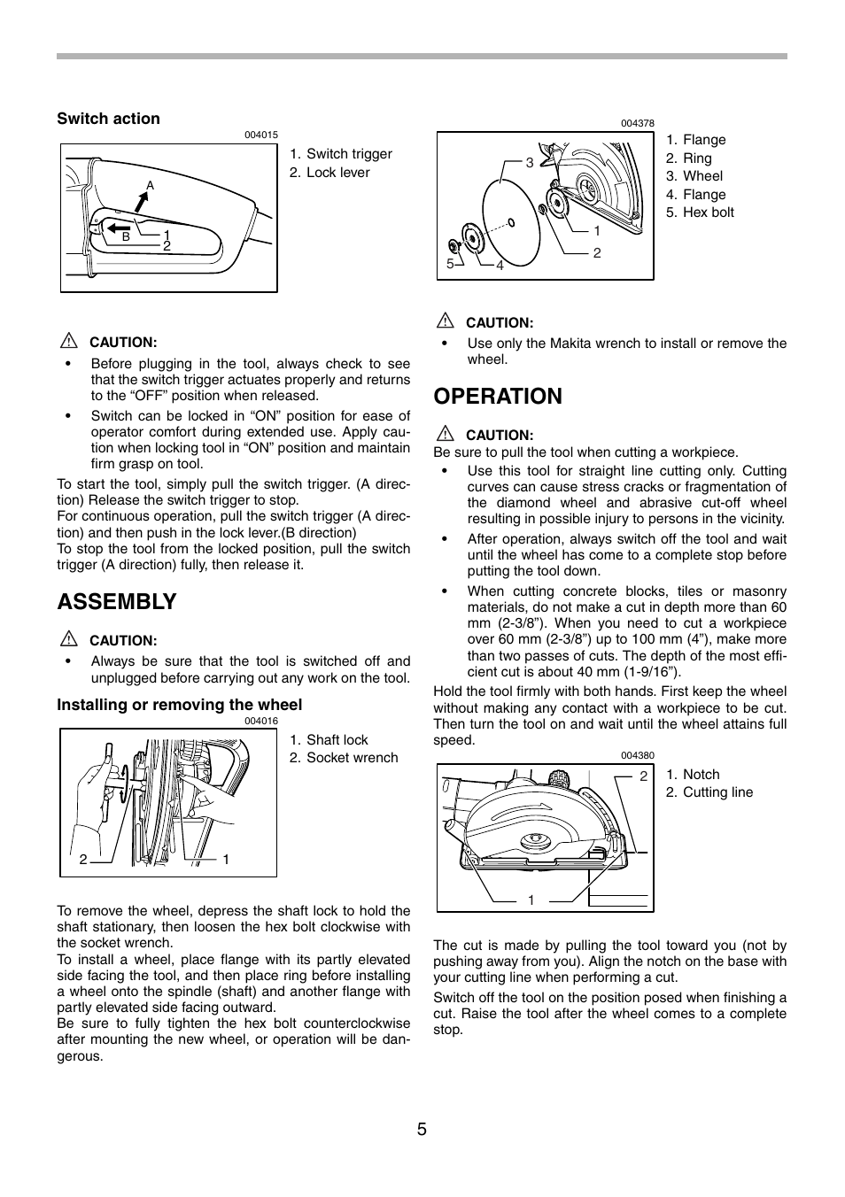 Assembly, Operation | Makita 4112H User Manual | Page 5 / 24