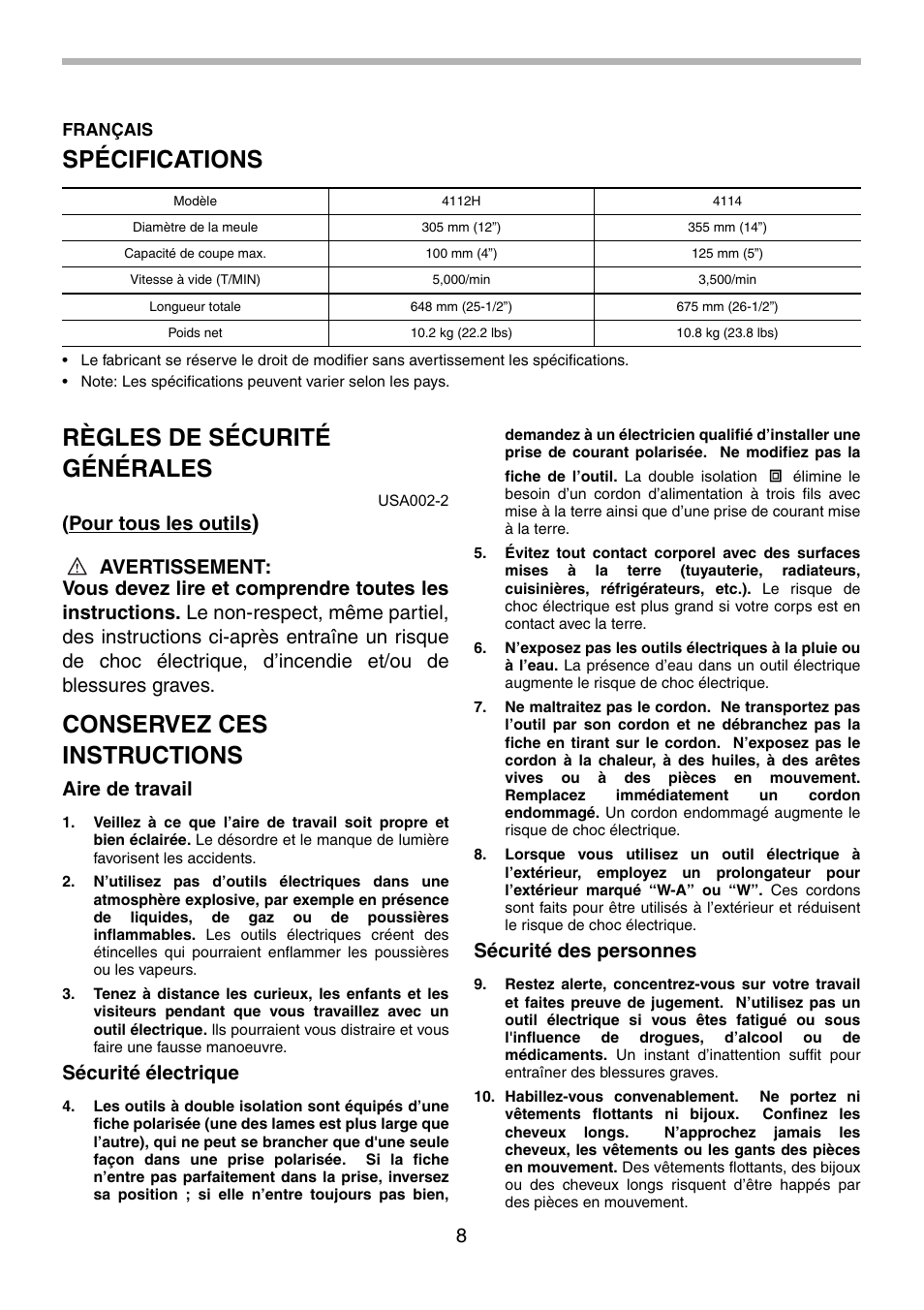 Spécifications, Règles de sécurité générales, Conservez ces instructions | Pour tous les outils, Aire de travail, Sécurité électrique, Sécurité des personnes | Makita 4112H User Manual | Page 8 / 24