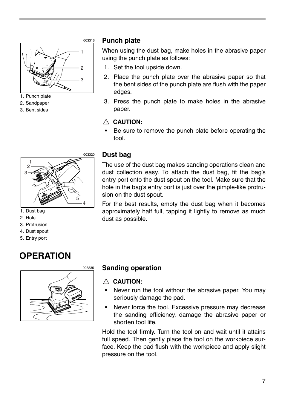 Operation, Punch plate, Dust bag | Sanding operation | Makita BO4552 003275 User Manual | Page 7 / 12