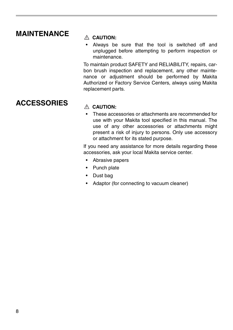 Maintenance, Accessories | Makita BO4552 003275 User Manual | Page 8 / 12