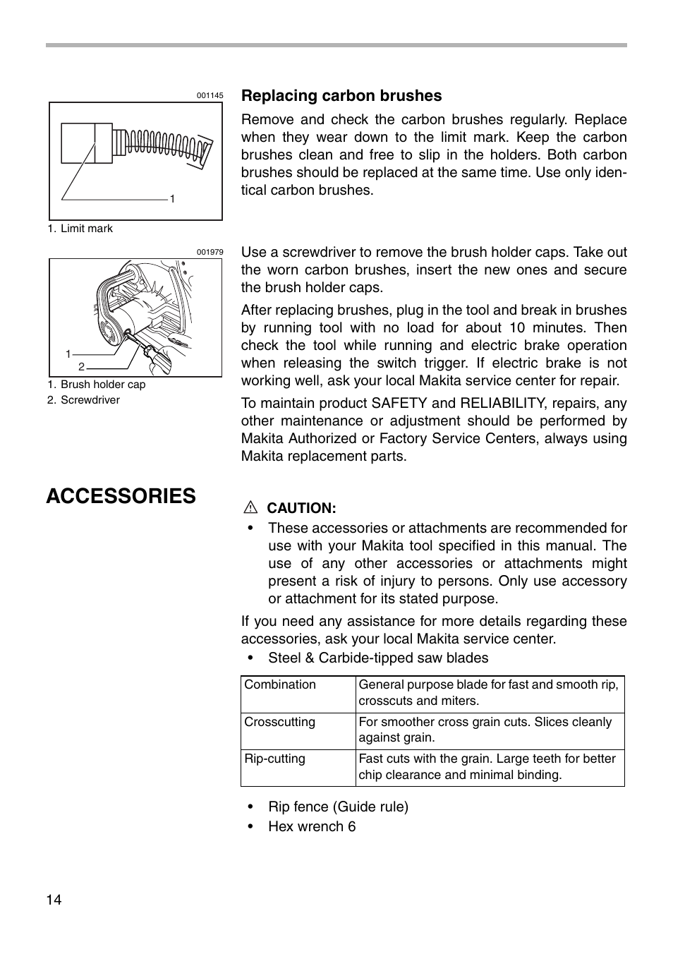 Accessories, Replacing carbon brushes | Makita 5402NA User Manual | Page 14 / 20