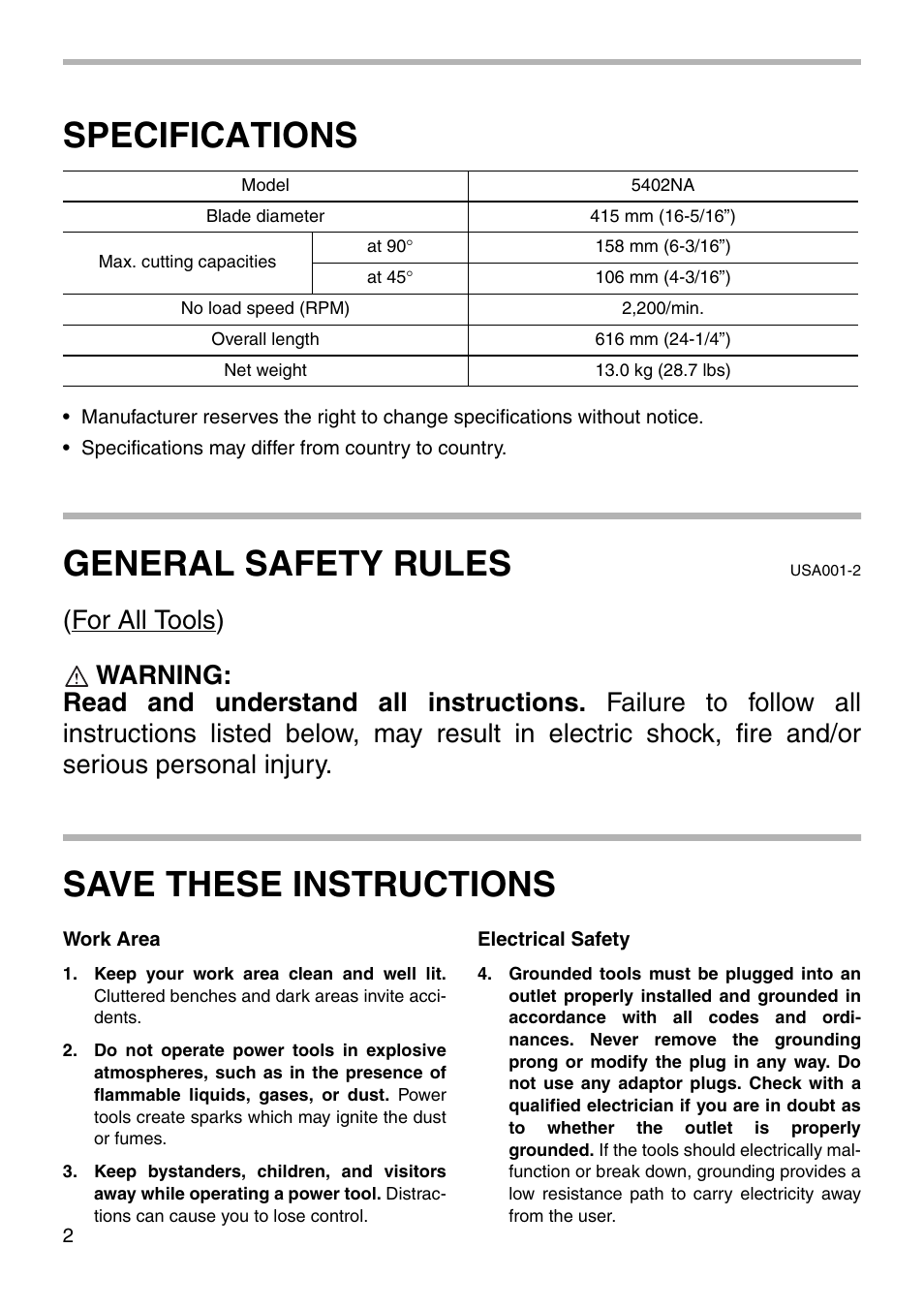 Specifications, General safety rules, Save these instructions | Makita 5402NA User Manual | Page 2 / 20