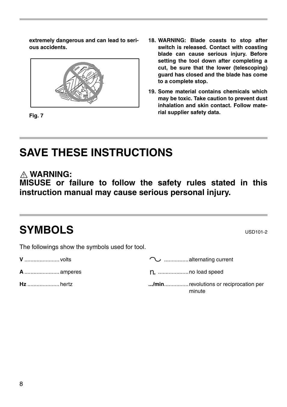 Save these instructions, Symbols | Makita 5402NA User Manual | Page 8 / 20