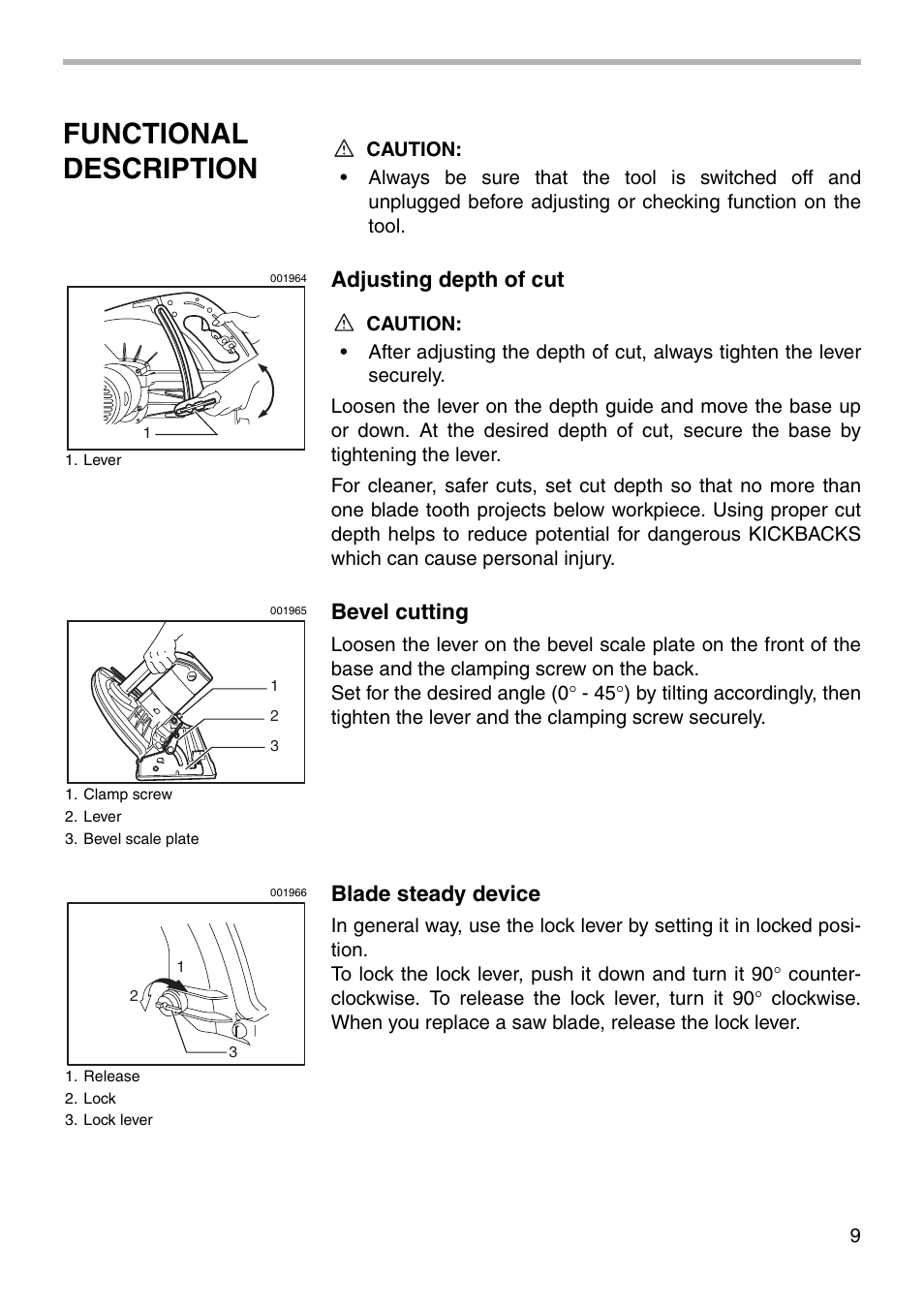 Functional description, Adjusting depth of cut, Bevel cutting | Blade steady device | Makita 5402NA User Manual | Page 9 / 20