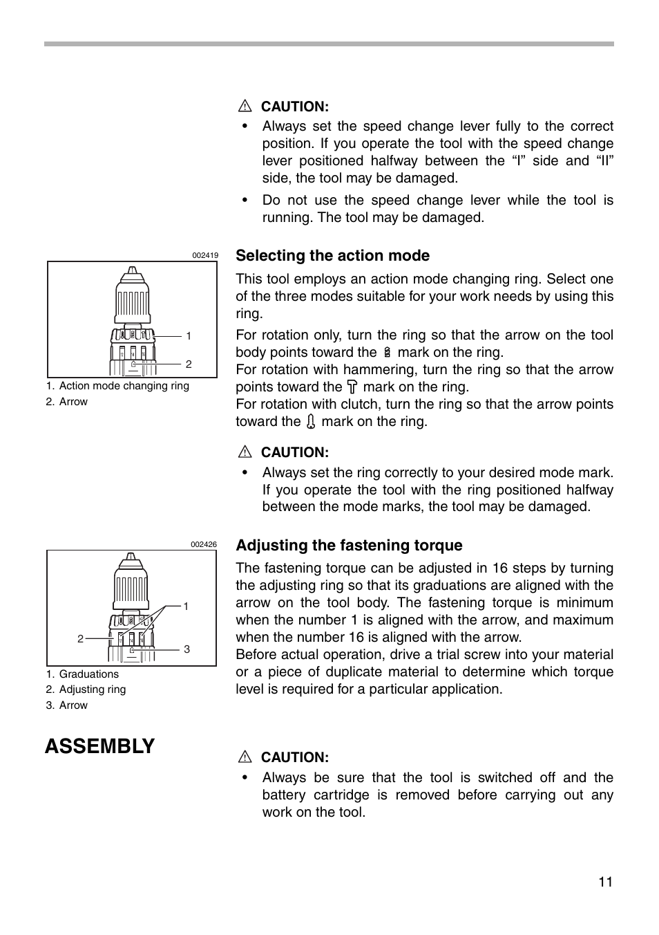 Assembly, Selecting the action mode, Adjusting the fastening torque | Makita 8413D User Manual | Page 11 / 24