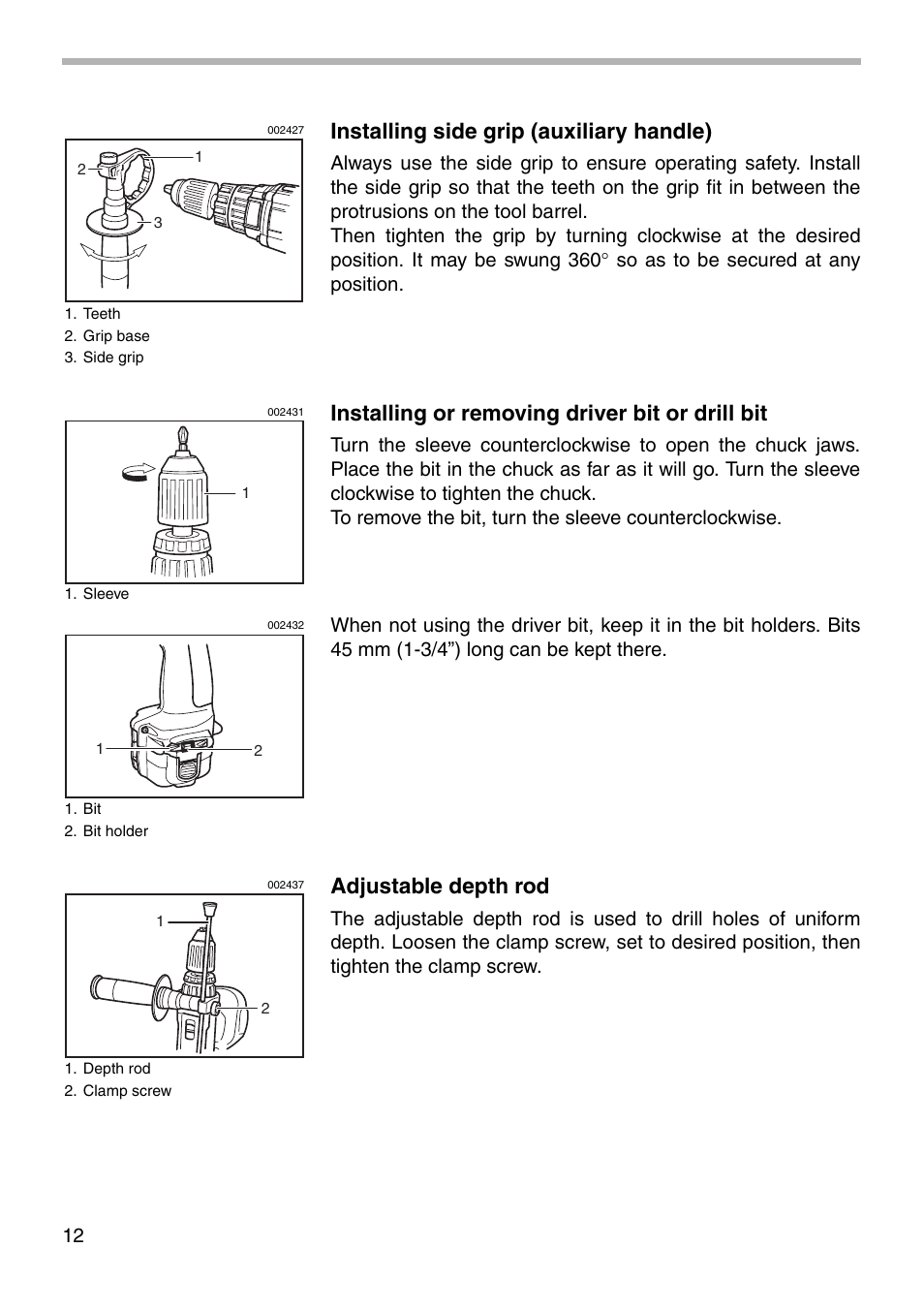 Installing side grip (auxiliary handle), Installing or removing driver bit or drill bit, Adjustable depth rod | Makita 8413D User Manual | Page 12 / 24