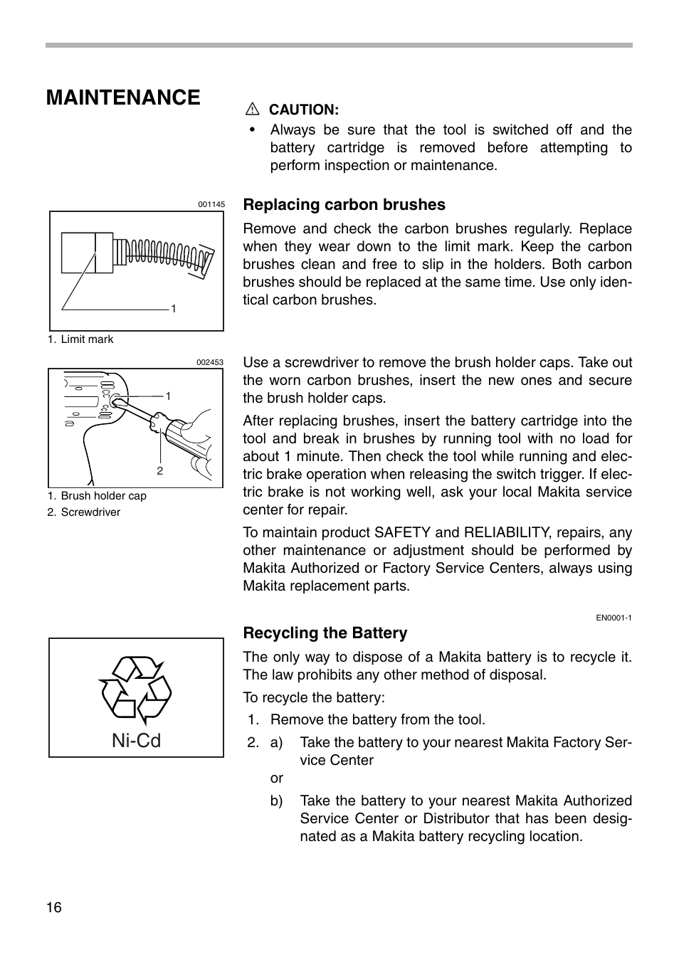 Maintenance, Ni-cd | Makita 8413D User Manual | Page 16 / 24