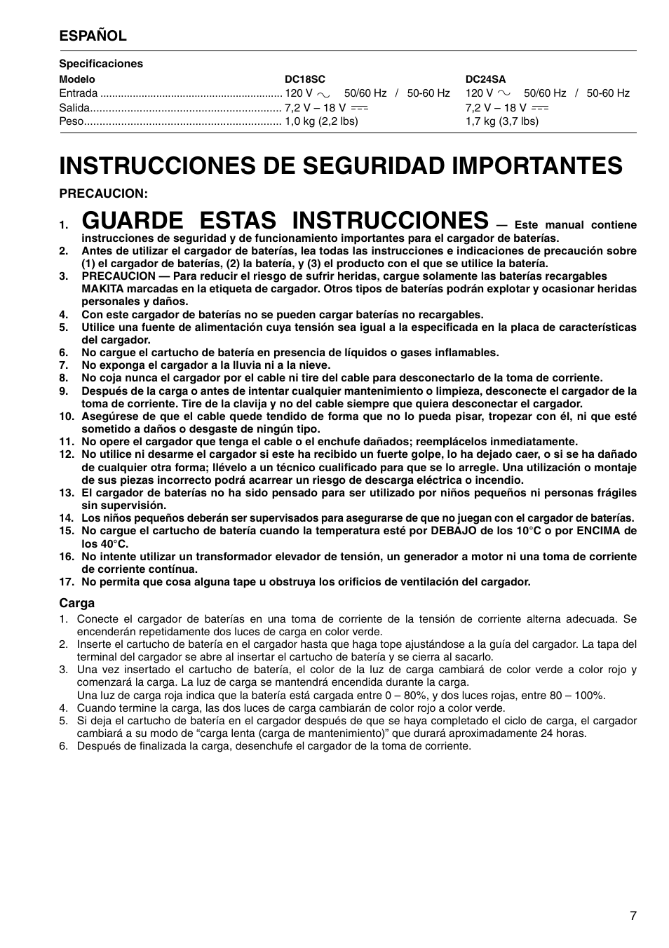 Instrucciones de seguridad importantes, Guarde estas instrucciones, Español | Makita DC18SC DC24SA User Manual | Page 7 / 12