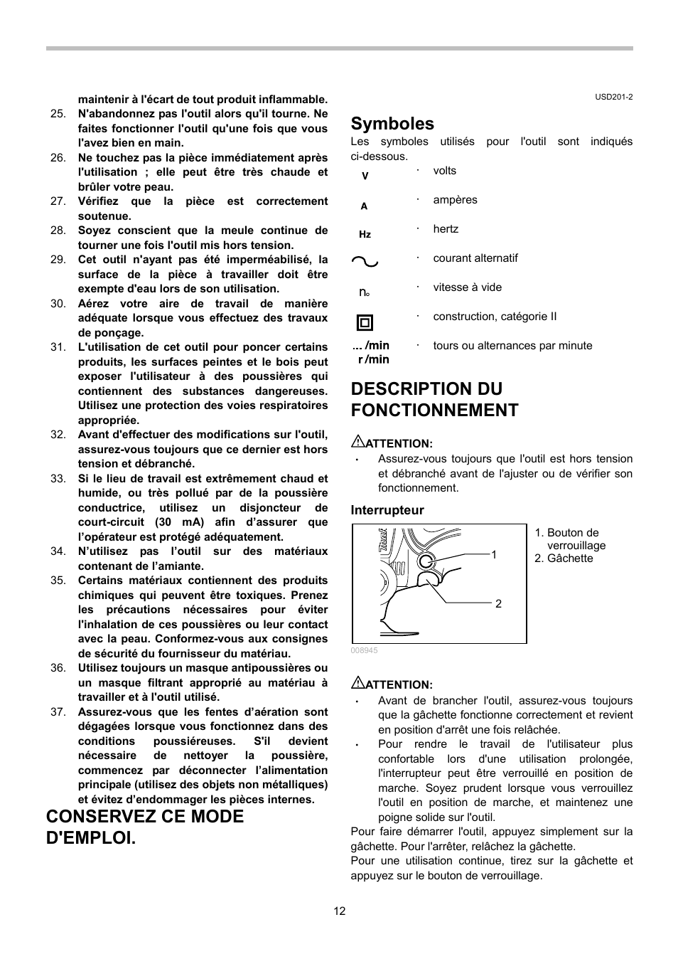 Conservez ce mode d'emploi, Symboles, Description du fonctionnement | Makita GV5010 User Manual | Page 12 / 24