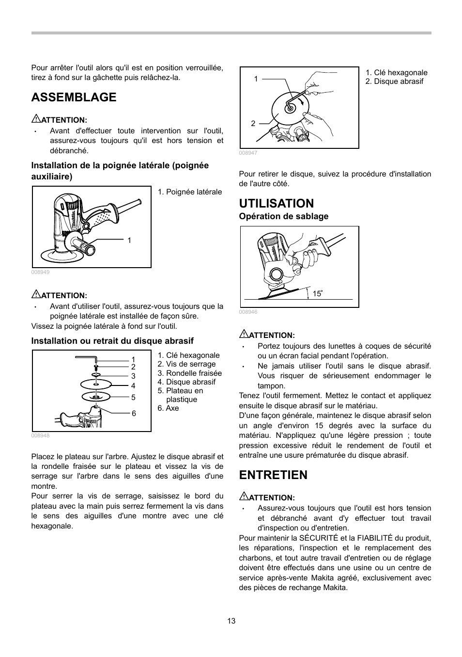 Assemblage, Utilisation, Entretien | Makita GV5010 User Manual | Page 13 / 24