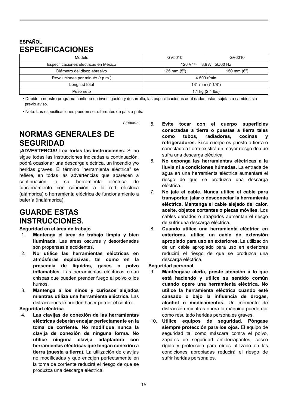 Especificaciones, Normas generales de seguridad, Guarde estas instrucciones | Makita GV5010 User Manual | Page 15 / 24