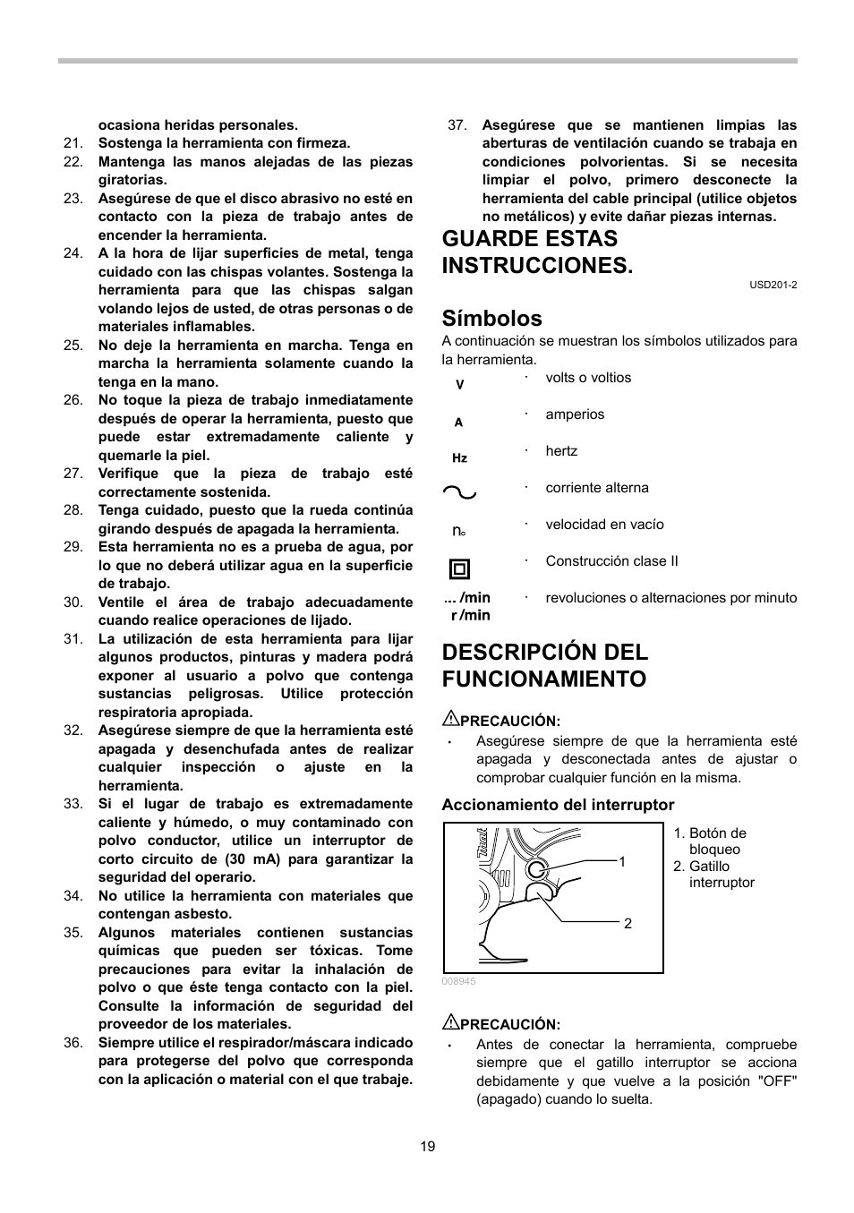 Guarde estas instrucciones, Símbolos, Descripción del funcionamiento | Makita GV5010 User Manual | Page 19 / 24