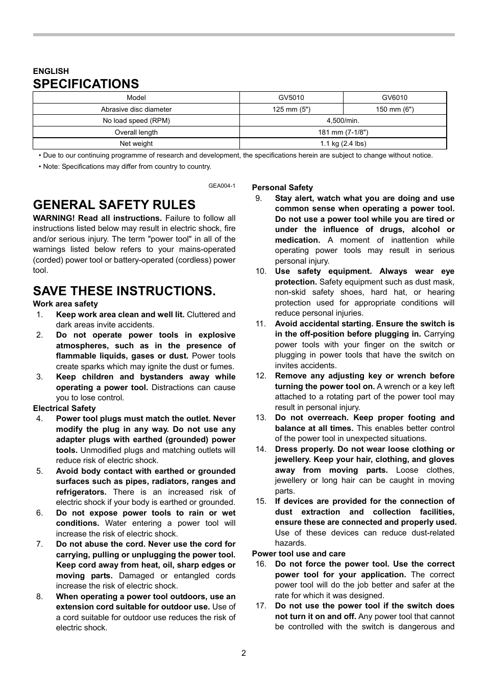 Specifications, General safety rules, Save these instructions | Makita GV5010 User Manual | Page 2 / 24