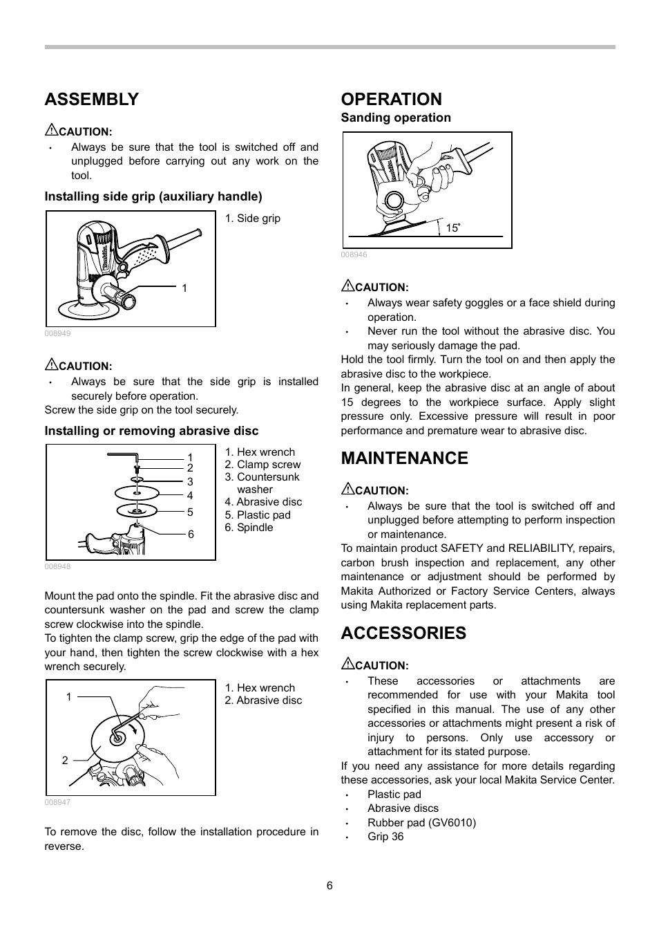 Assembly, Operation, Maintenance | Accessories | Makita GV5010 User Manual | Page 6 / 24