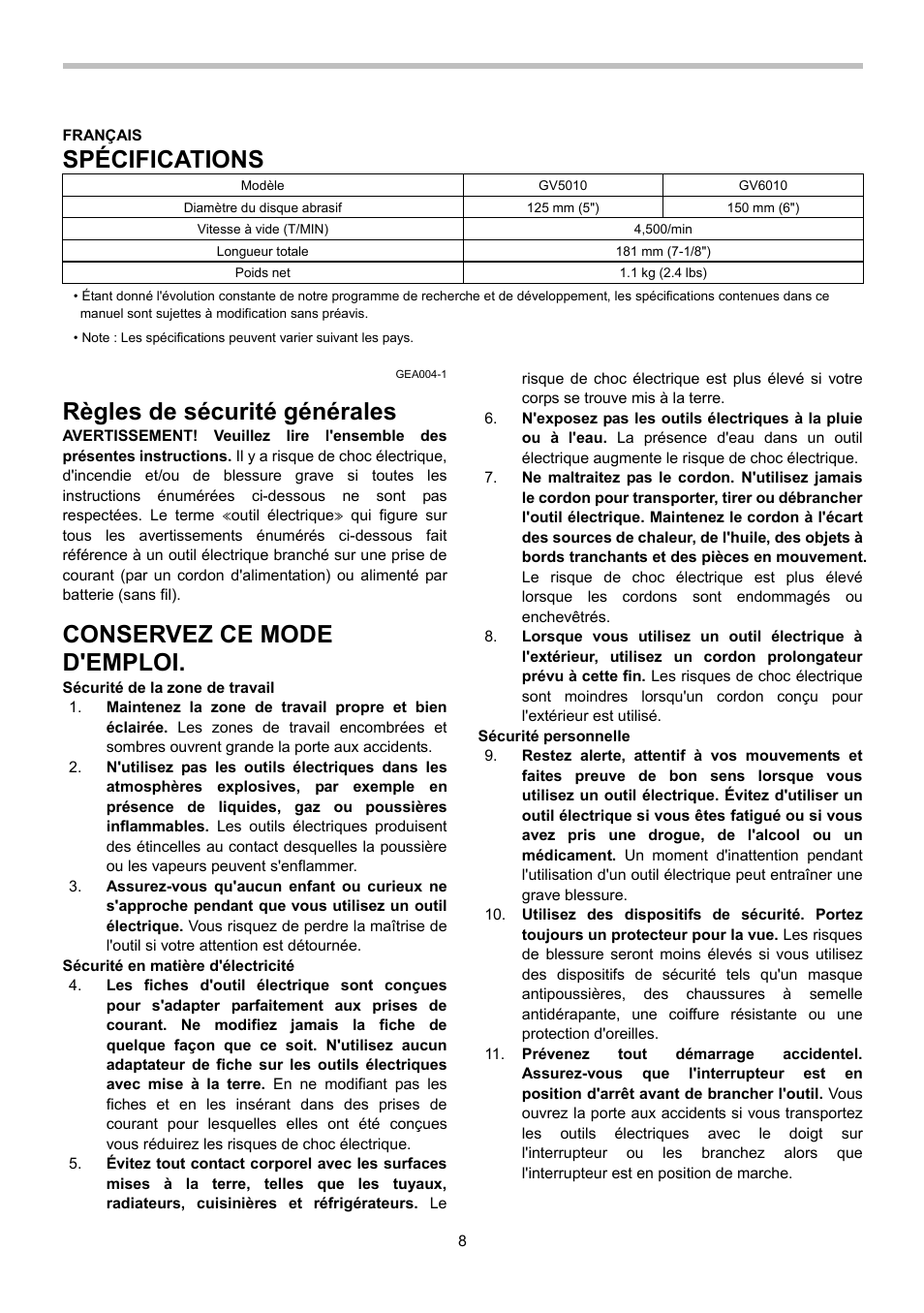 Spécifications, Règles de sécurité générales, Conservez ce mode d'emploi | Makita GV5010 User Manual | Page 8 / 24