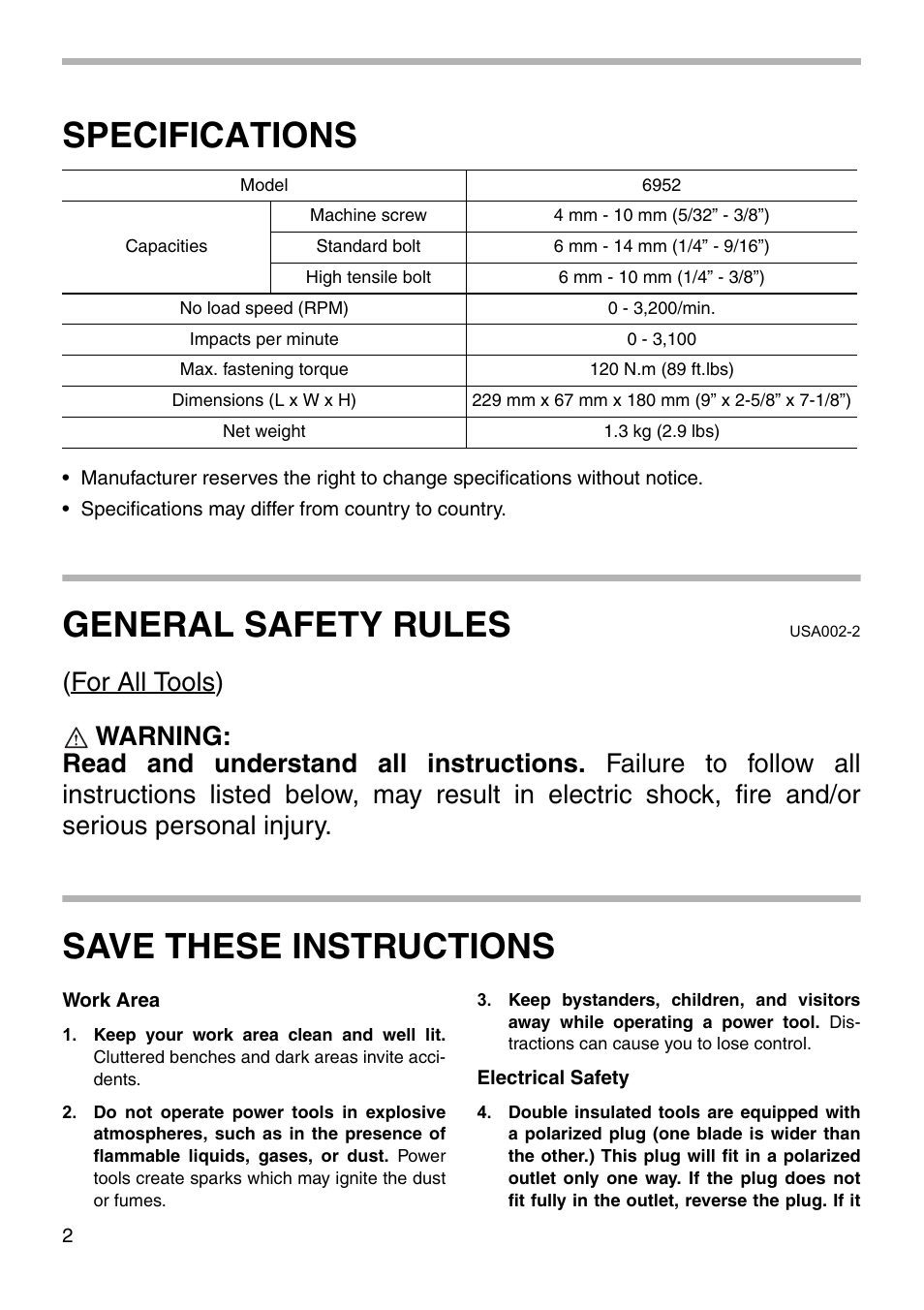 Specifications, General safety rules, Save these instructions | Makita 6952 User Manual | Page 2 / 16