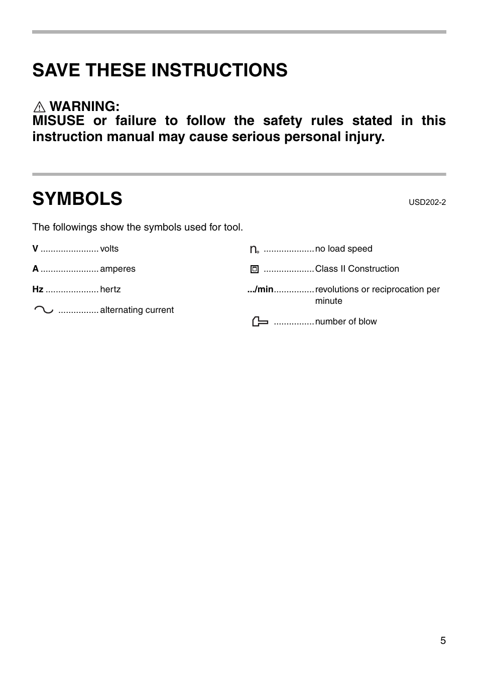 Save these instructions, Symbols | Makita 6952 User Manual | Page 5 / 16