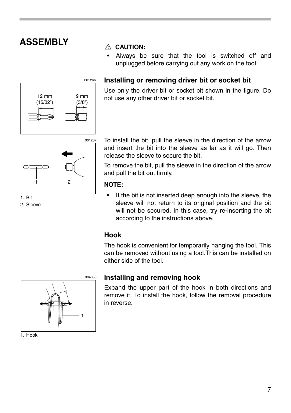 Assembly, Installing or removing driver bit or socket bit, Hook | Installing and removing hook | Makita 6952 User Manual | Page 7 / 16