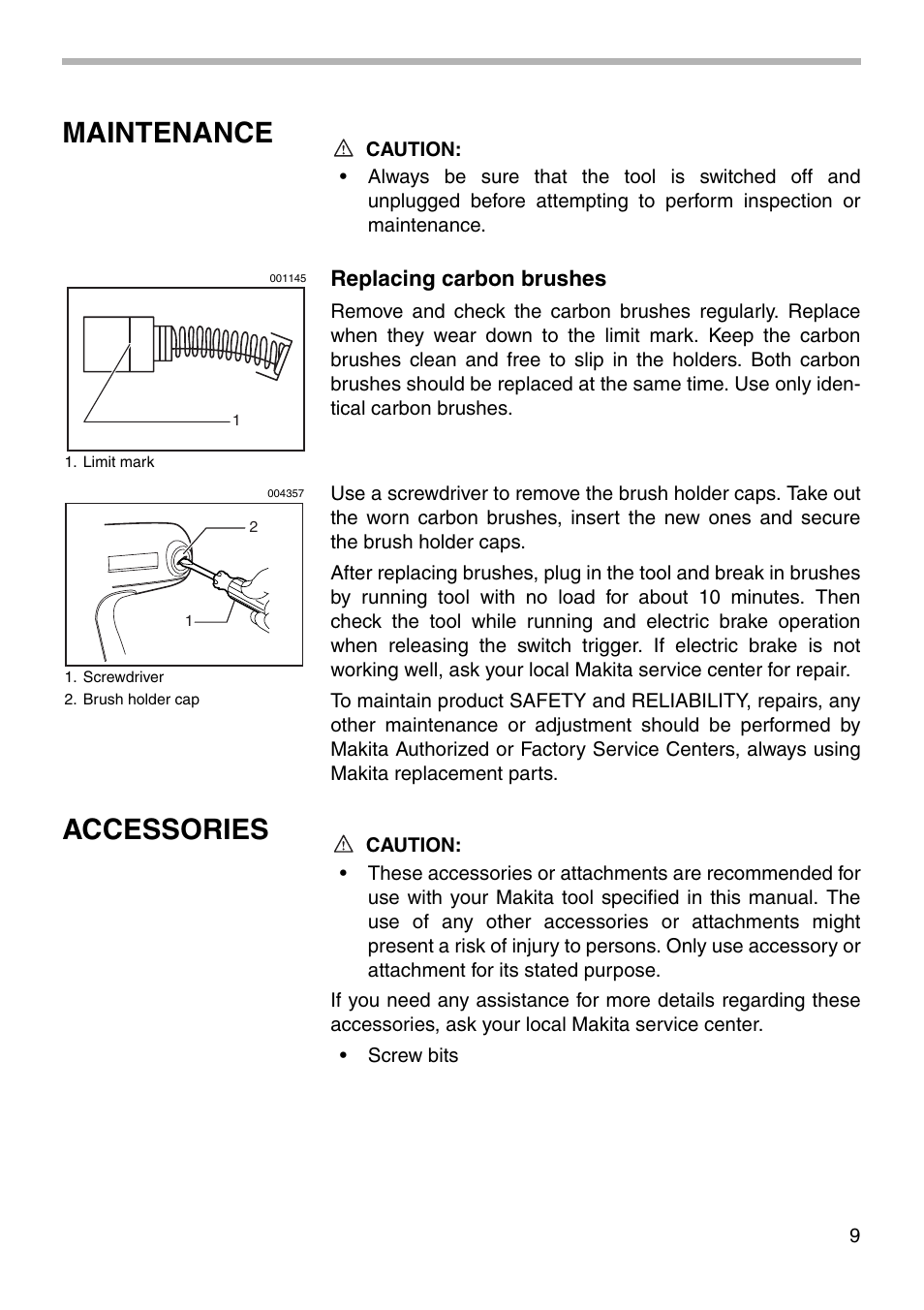 Maintenance, Accessories | Makita 6952 User Manual | Page 9 / 16